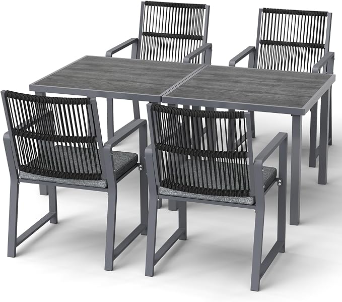 6 Pieces Metal Outdoor Dinning Set Featuring 2 Tables and 4 Ratten Chairs Waterproof and Rust-Proof Courtyard Style Table Garden Balcony Poolside, Dark Gray 6 Pcs