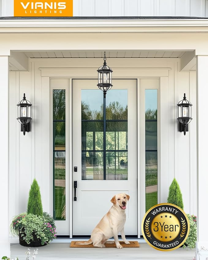 VIANIS 22" Large Porch Lights Outdoor, Black Dusk to Dawn Outdoor Lighting, Anti-Rust Exterior Lighting fixtures with Tempered Beveled Glass, Outdoor Lights for House, Patio, Two Mounting Options