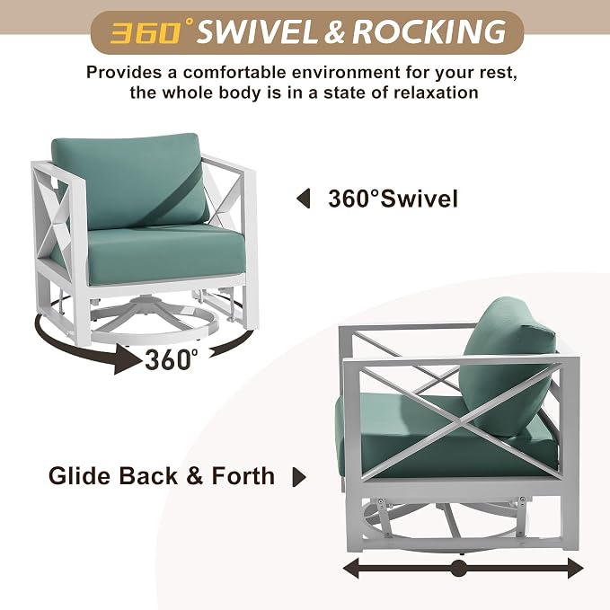 Oversized Aluminum Patio Furniture Set, 7-Piece Outdoor Conversation Set with Swivel Rocking Chairs & Coffee Table, Modern Weather-Resistant Seating for Deck,Yard,Balcony,Poolside-White