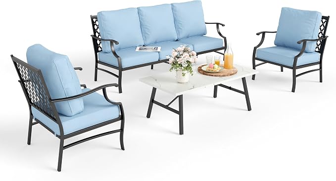 MIXPATIO Patio Furniture Set 4 pcs, Metal Outdoor Patio Furniture, 3-Seat Sofa, 2 Single Chairs, Metal Coffee Table and 5.75" Extra Thick Cushion, Patio Conversation Set for Garden Backyard Deck,Blue
