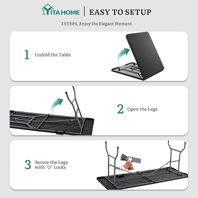 YITAHOME 6ft Folding Tables Heavy Duty Folding Table with Carrying Handle Plastic Fold up Table for Outdoor Camping Picnic Parties/Indoor Events All in Black