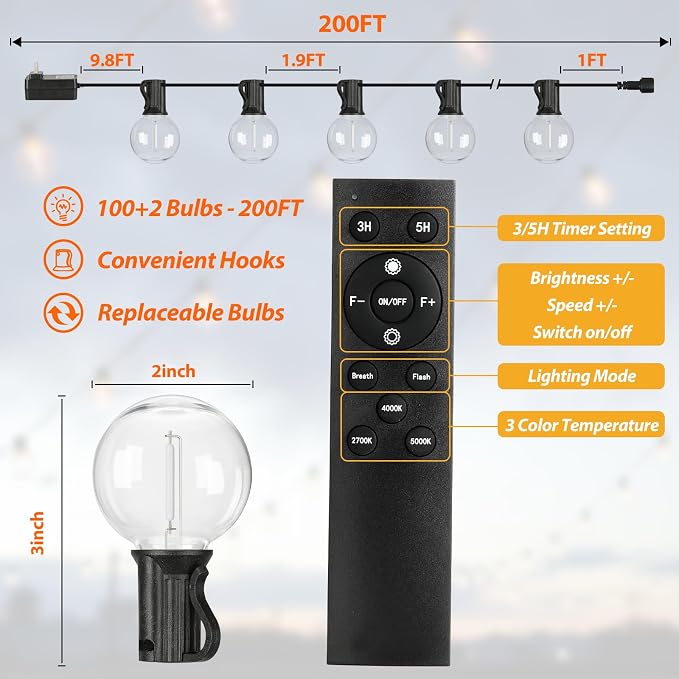 200FT LED Outdoor String Lights with Dimmable 3 Color Lights with Remote | String Light for Outside, G40 Globe Waterproof Patio Lights with 100 Shatterproof Bulbs for Party Backyard BBQ House Camping
