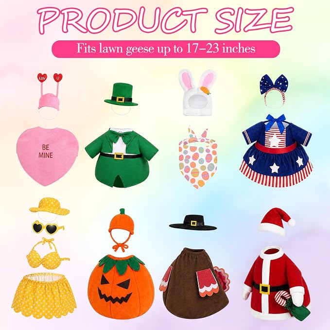 8 Sets Holiday Porch Goose Outfits All Seasons for 17-23 Inch Lawn Goose | Valentine St. Patrick Easter Summer 4th of July Halloween Thanksgiving Christmas Yard Patio Decor Goose Costumes Clothes