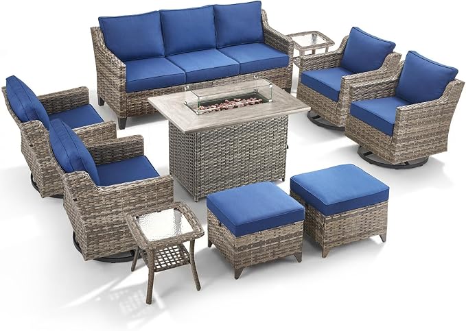 Patio Furniture Set with 42.5" Fire Pit Table-10 Pieces All Weather Wicker Outdoor Furniture with High Back Swivel Patio Chairs Set of 4 Outdoor Patio Conversation for Deck Garden Blue/Gray