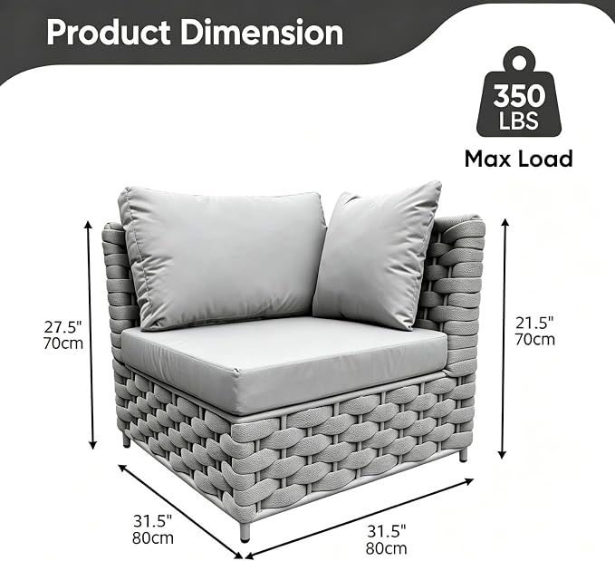 TWT Khaki Gray Left Arm Outdoor Patio Sofa, Modular Woven Rope Sectional Chair with Water-Resistant Cushion & Rust-Proof Frame, for Backyard Balcony Deck