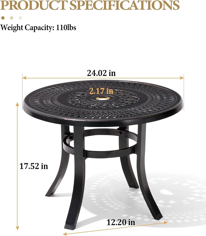 Crestlive Products Cast Aluminum Patio Side Table - Outdoor 24'' Small Round Table with Umbrella Hole Anti-Rust Design for Backyard Porch Pool Balcony, Black with Bronze Spot