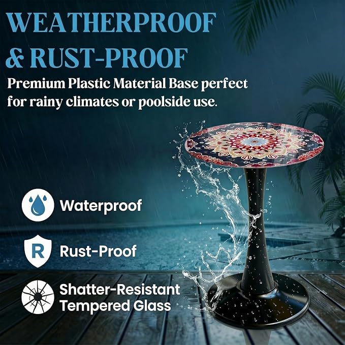 13.4" Outdoor Side Table, Round Patio Bistro Table Printed Tempered Glass Top, Waterproof Rust-Proof Base, Small Plant Stand for Balcony, Garden, Deck, 21.6" H (Ochre Color)