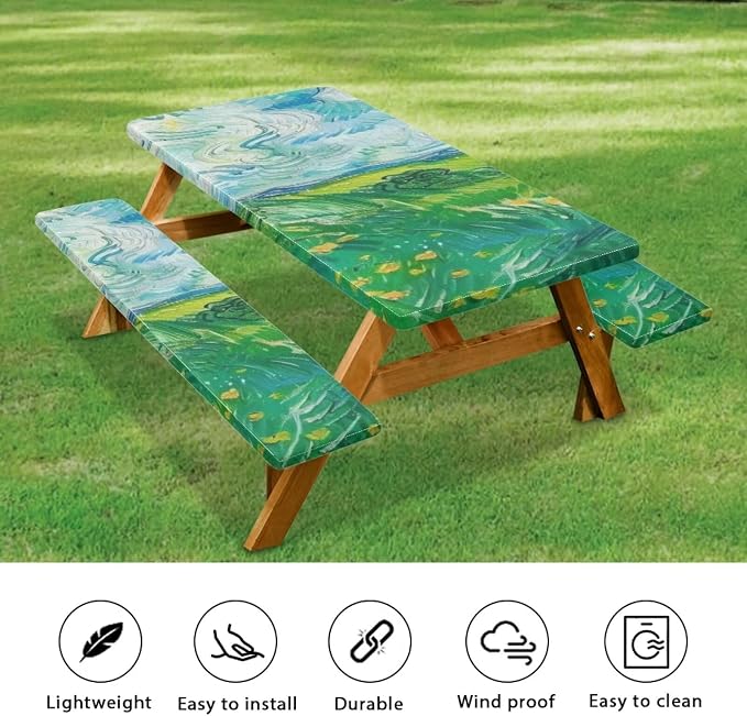 Green Field Picnic Table Cover with Bench Covers Elastic Picnic Table Covers Outdoor Table and Chairs Decorative Sets Camping Essentials Suitable for Summer Outdoor Camping
