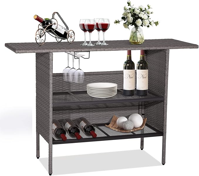 Giantex Outdoor Patio Wicker Bar Table, 2 Storage Shelves, 55''W Tabletop, Rails for Hanging Wine Glasses, Heavy-Duty Metal Frame, Bistro Rattan Bar Counter Table for Poolside Backyard (Mix Gray)