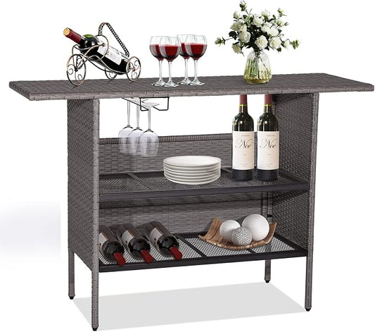 Giantex Outdoor Patio Wicker Bar Table, 2 Storage Shelves, 55''W Tabletop, Rails for Hanging Wine Glasses, Heavy-Duty Metal Frame, Bistro Rattan Bar Counter Table for Poolside Backyard (Mix Gray)
