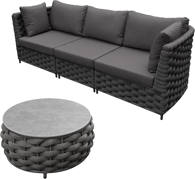 TWT 4 Piece Patio Furniture Set, All Weather Outdoor Sectional Sofa with Coffee Table, Modular Conversation Couch Set, Weather Resistant for Backyard, Porch, Garden, Poolside, Balcony, Dark Grey