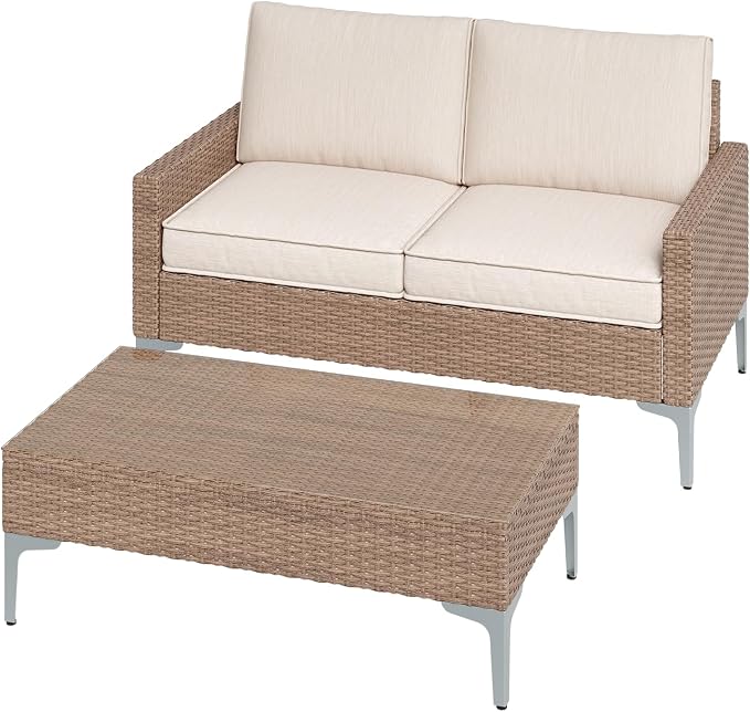 2 Piece Outdoor Loveseat with Coffee Table, All-Weather Wicker Patio Sofa Set with Cushions for Garden, Poolside, Porch, Beige