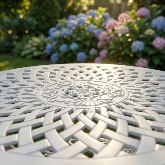 Round Outdoor Coffee Table, Cast Aluminum Side Table with Storage,Indoor End Table, All-Weather Bistro Table for Patio Garden Lawn,White