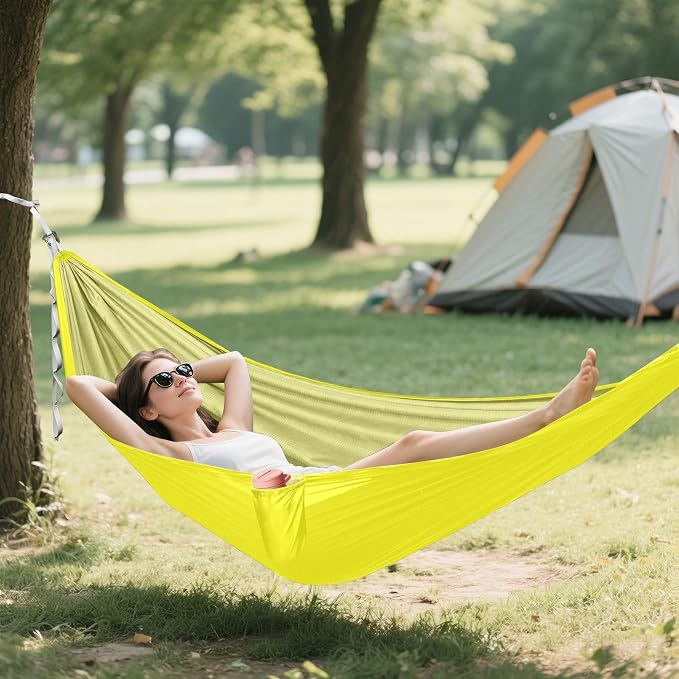 Bright Yellow Solid Color Camping Hammock, Portable Lightweight Single Hammock with Tree Straps and Aluminum Carabiners, 114" x 54" Travel Hammock for Hiking Backpacking Beach