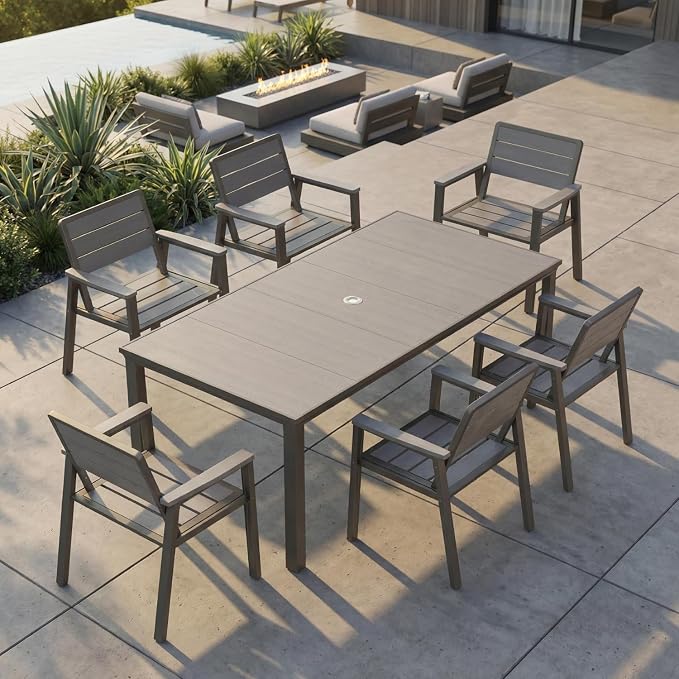 7 Pieces Outdoor Dining Set for 6, Patio Table and Chairs with Umbrella Hole, Aluminum & HDPE Weather-Resistant Furniture for Lawn, Garden, Porch, Balcony, Poolside (Grey)