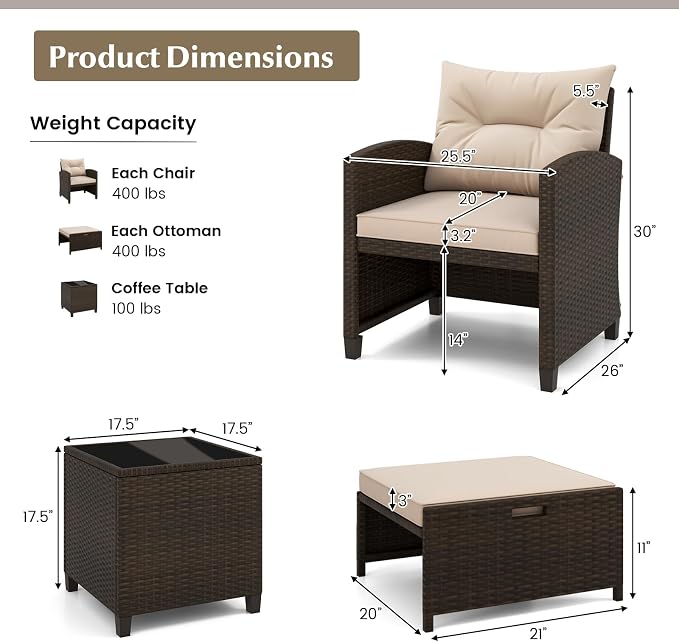 KOTEK 5 Pieces Patio Furniture Set with Ottomans, Wicker Patio Conversation Set with Coffee Table & Cushions, PE Rattan Outdoor Lounge Chairs for Backyard, Porch, Poolside (Mix Brown- Beige)