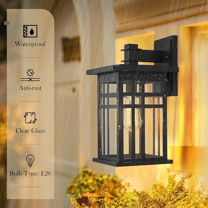 zeyu Farmhouse Outdoor Wall Light Fixture, 16 Inch Exterior Wall Sconce Lighting for Patio House, Die-Cast Aluminum with Clear Glass, Black Finish, 20068B-L BK