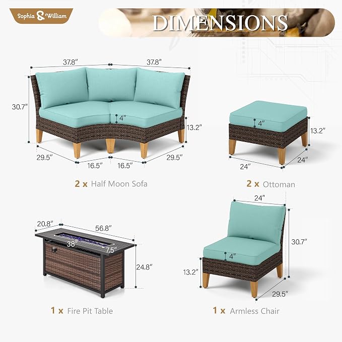 Sophia & William Patio Furniture Set with Fire Pit Table, 8 Piece Half Moon Outdoor Wicker Sectional Sofa Set, Rattan Conversation Set with 56-Inch Fire Pit Table & Ottoman (Aqua Blue)