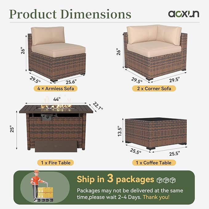 Aoxun 8 Piece Patio Furniture Set with 44” Fire Pit Table Wicker Rattan Outdoor Sectional Sofa Set with Coffee Table and Thickened Cushions, Beige