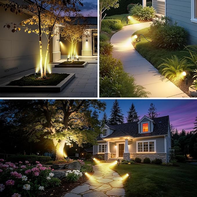 FOOMAN 6-Pack Spot Lights Outdoor, Low Voltage Landscape Lighting | LED Pathway Lights with Transformer, IP68 Waterproof Warm White Spotlight for Yard Garden Flags House Lawn Tree