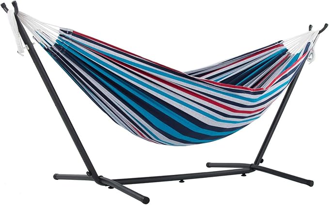 Vivere Double Cotton Hammock with Space Saving Steel Stand, Upgraded Polyester End Strings 450 lb Capacity - Premium Carry Bag Included - USA Grown Cotton (Denim)