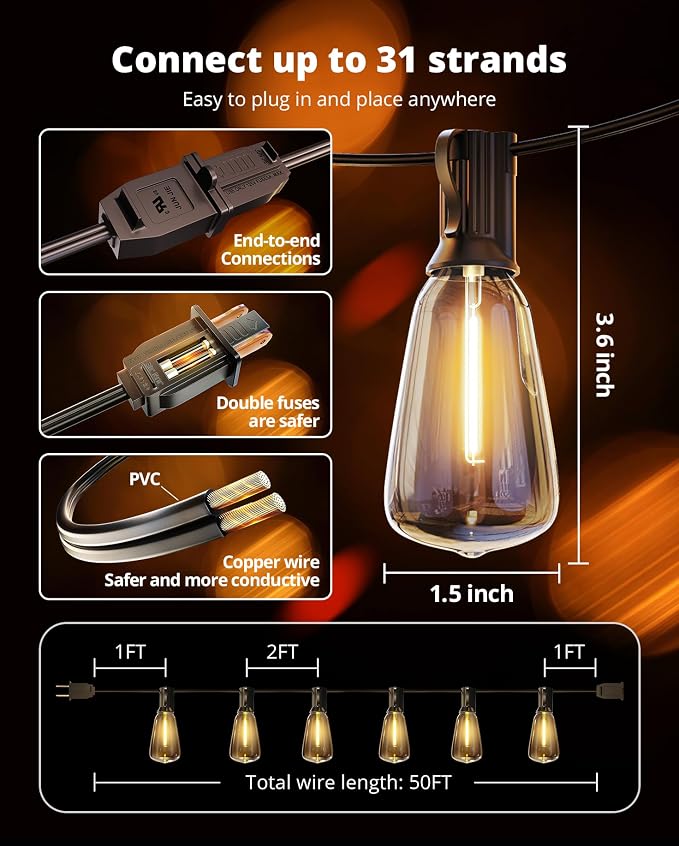 Outdoor String Lights 50FT, Patio Lights Outdoor Waterproof with 27 Bulbs | Shatterproof,Edison Outside Lights,Plug-In,2700K Dimmable, Connectable, Hanging Light for Porch Garden Backyard Deck Balcony