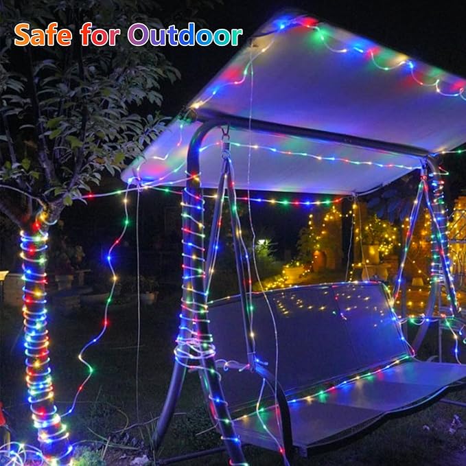 QITONG Multicolor Trampoline Lights, 66ft 200 LED Solar Rope Lights Outdoor Waterproof, Fairy Lights in Clear Thin Tube with 8 Modes