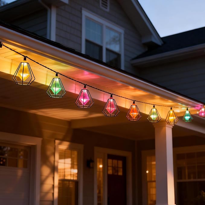 Vigdur Outdoor String Lights, 10FT Multicolor Lantern String Lights Plug-in | Metal Shade, 10 Colored Bulbs, UL Listed, 10 Strands Connectable, Outdoor Hanging Lights for Porch Garden Wedding Party
