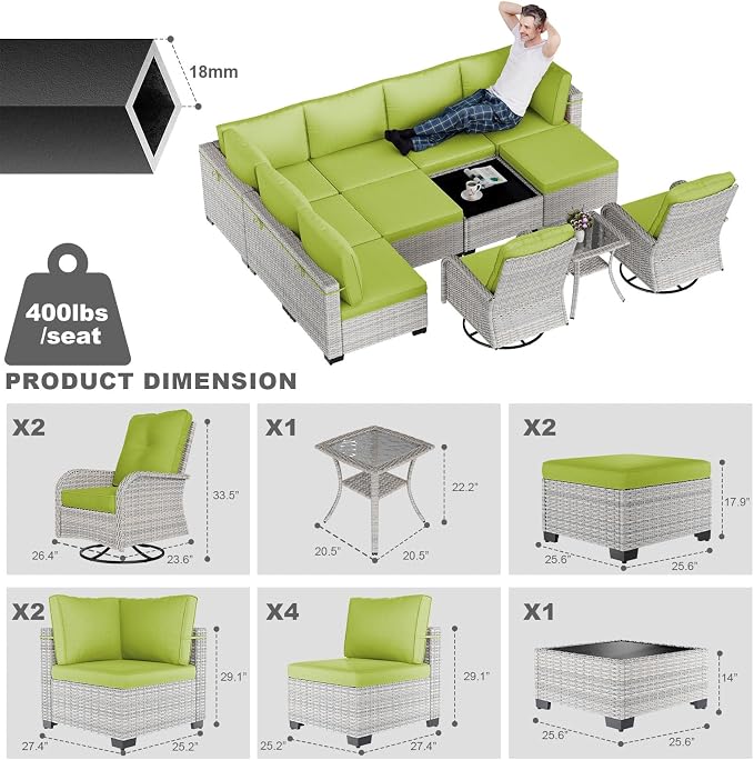 12-Piece Patio Furniture Set, Outdoor Patio Furniture with Swivel Chairs Set, Ottomans, Modular Patio Sofa, Dual-Strand Rattan, Rust-Resistant Frame, Grass Green