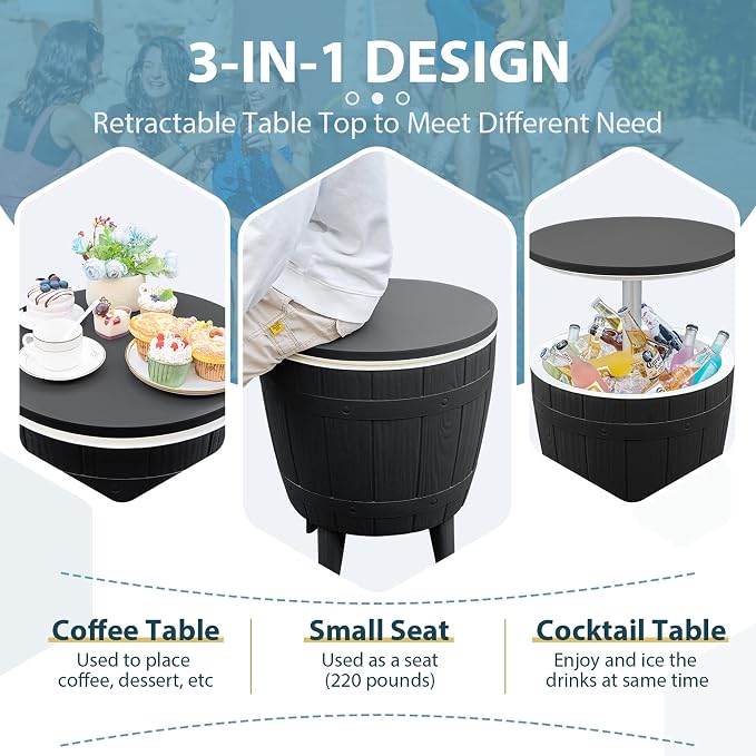 Devoko Outdoor Patio Furniture 10 Gallon Cooler Bar Table 3 in 1 Resin Patio Beer and Wine Ice Bucket Cocktail Table for Party, Pool, Deck (Black)
