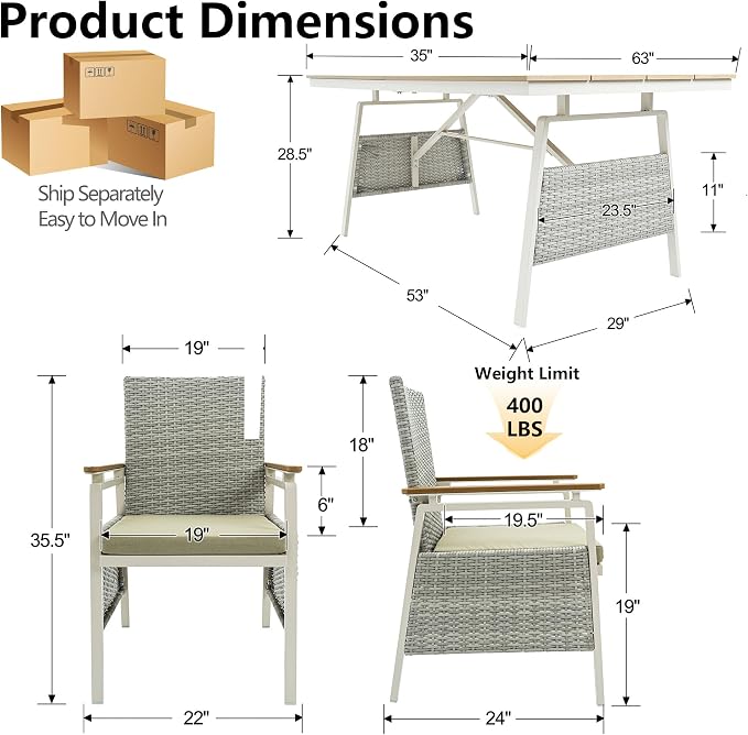 Outdoor Dining Table Set for 4, Rattan Patio Dining Sets with Waterproof Cushions, 5 Piece Patio Table and Chairs Set, Rectangular Dining Table and Patio Chairs for Porch/Deck/Yard, Green
