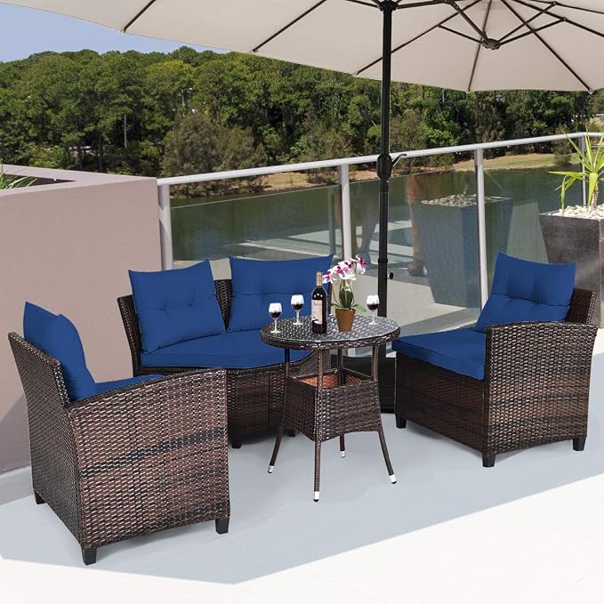 COSTWAY 4-Piece Patio Furniture Set, Wicker Rattan Sofa with Cushions and Coffee Table, Outdoor Sectional Conversation Sofa Set for Poolside Backyard Lawn Backyard (Navy)