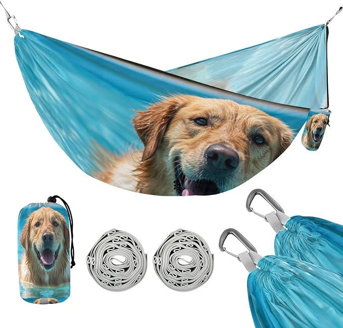 Happy Dog Camping Hammock, Portable Lightweight Single Hammock with Tree Straps and Aluminum Carabiners, 114" x 54" Travel Hammock for Hiking Backpacking Beach
