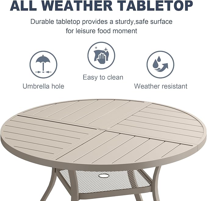 VICLLAX 40.6" Round Patio Dining Table for 4, All Weather Metal Outdoor Table with 1.57" Umbrella Hole and Storage Shelf for Garden Lawn Deck, Sandshell
