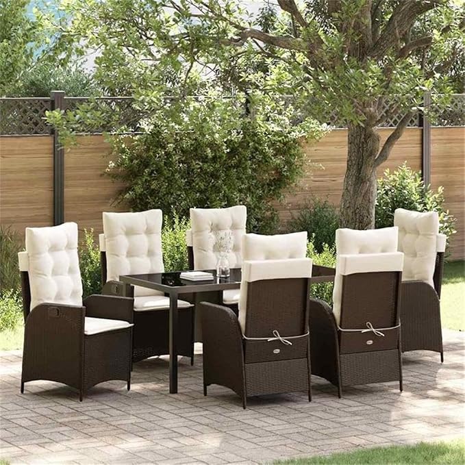 Afuera Living 7 Piece Poly Rattan Garden Dining Set, Black Finish, Cushioned Seats, Glass Tabletop, UV-Resistant Woven Texture, Steel Frame, Ergonomic Design, Ideal for Patio, Porch, Backyard Dining