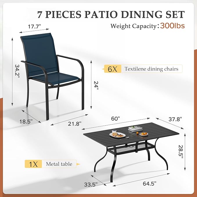 Incbruce 7 Pieces Patio Dining Set, Outdoor Dining Set of 6 Textilene Chairs and Rectangle Table with Umbrella Hole for Backyard, Garden, and Poolside (Blue)
