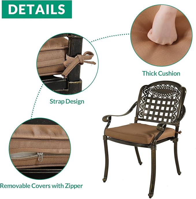 VIVIJASON 5-Piece Patio Furniture Dining Set, All-Weather Cast Aluminum Outdoor Conversation Set, Include 4 Cushioned Chairs and 1 Round Table w/Umbrella Hole for Balcony, Lawn, Garden, Backyard