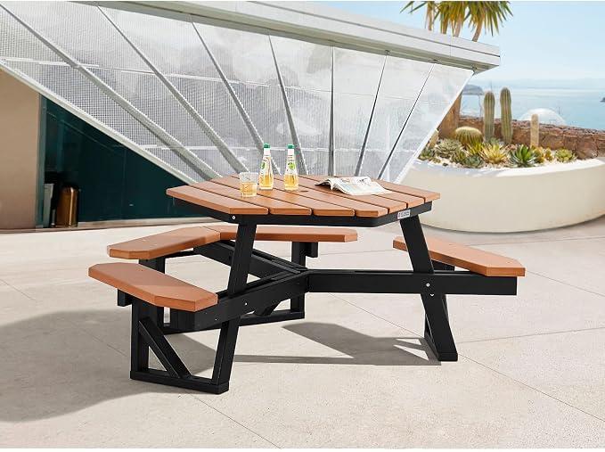 Global Industrial Outdoor 46" Hexagonal ADA Accessible Picnic Table with 3 Attached Benches, Recycled Plastic Construction, 1600 Lbs Weight Capacity, Cedar