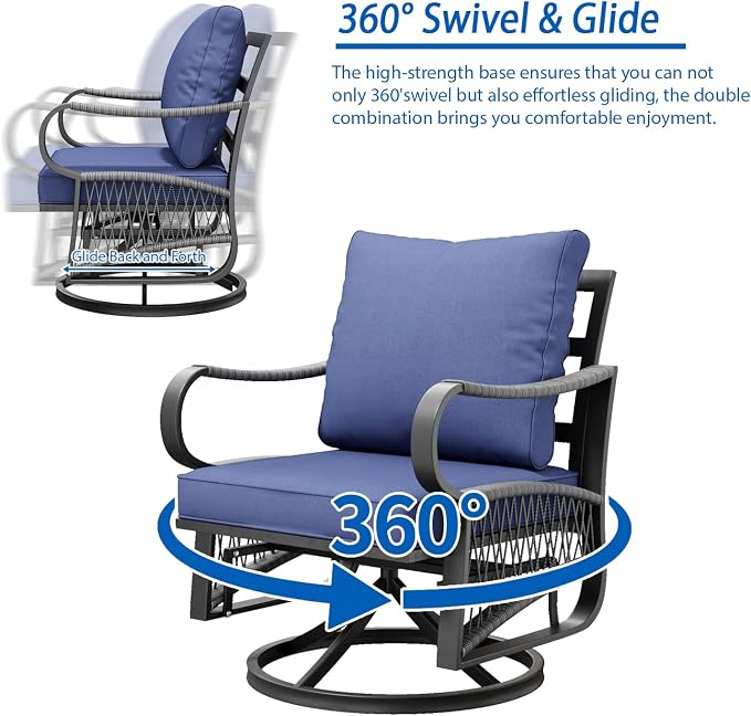 5 Piece Patio Furniture Set with 50000 BTU Propane Fire Pit Table, All Weather Outdoor Conversation Set with 2 Swivel Chairs, Sofa and Thick Cushions for Garden, Porch, Lawn, Blue