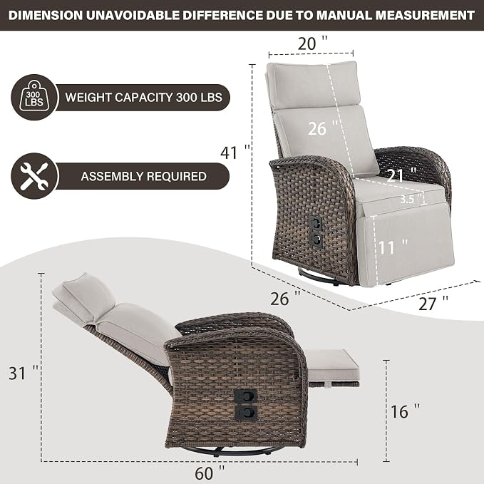 Belord Dual-Adjust Outdoor Swivel Recliner Chair – Reclining Patio Chair with Adjustable Backrest and Footrest, All-Weather Wicker Chaise Lounge Chair Outdoor for Pool Deck Beige (Upgraded 2.0)