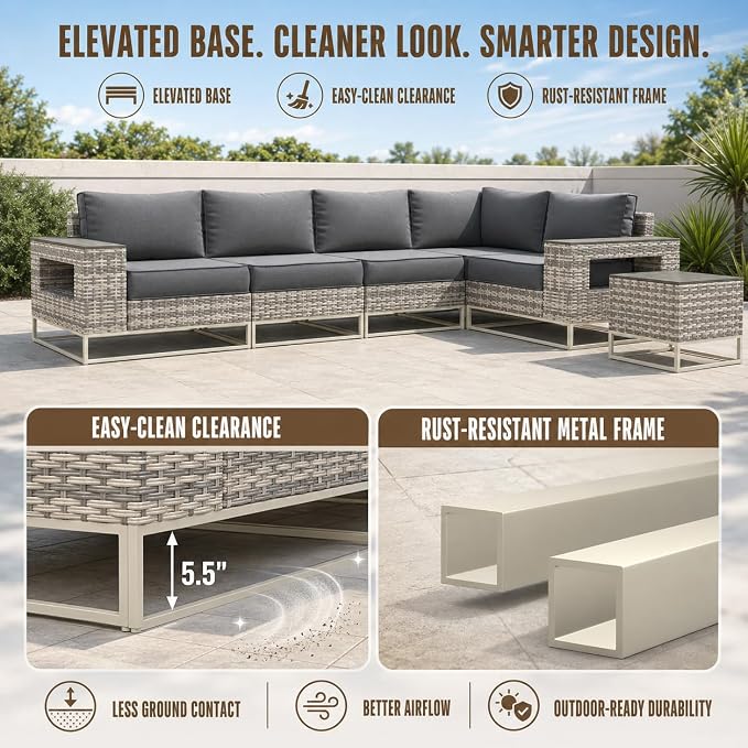 12-Piece Outdoor Patio Furniture Set, Modern PE Wicker Outdoor Sectional Sofa with Storage Armrests & 5.5" Thick Cushions, L-Shaped Couch for Deck, Porch, Backyard, Charcoal Gray