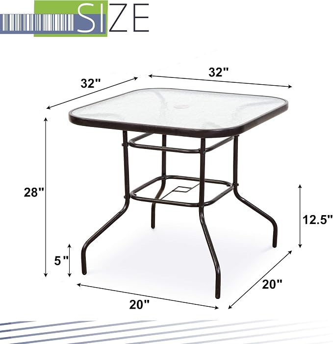 FurniTure Outdoor Patio Table Patio Tempered Glass Table 32" Patio Dining Tables with Umbrella Hole Perfect Garden Deck Lawn Square Table, Dark Chocolate