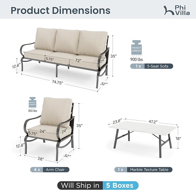 PHI VILLA 6 Piece Patio Furniture Sets with 1 x 3 Seater Padded Deep Seating Bench, 4 x Leg Cushioned Sofa Chairs and 1 x Coffee Table, Outdoor Conversation Metal Furniture Set for 7
