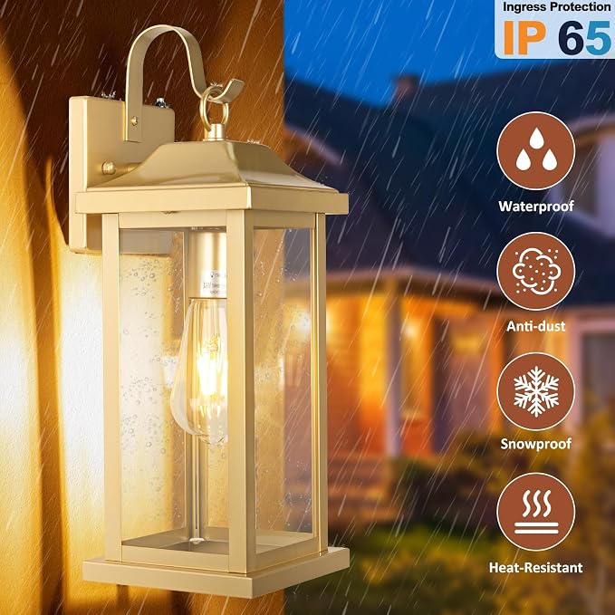 17 Inch Gold Outdoor Sconces Dusk to Dawn 2-Pack | ETL Listed Porch Lights, Photocell Sensor Brass Outdoor Light Fixtures Anti-Rust, Outside Wall Lanterns Wall Mounted Lamps