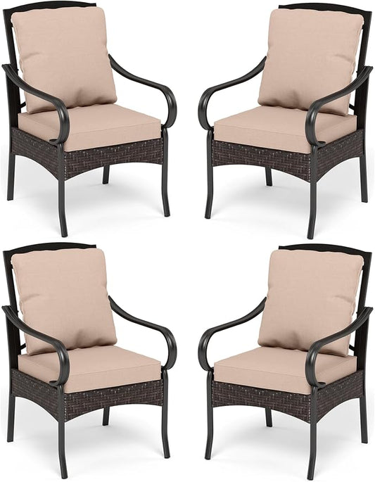 PHI VILLA Patio Dining Chairs Outdoor Wicker Chairs Set of 4 with Cushions | Heavy Duty Outdoor Metal Wicker Dining Chair with Padded Cushions, Large All Weather Wrought Iron Patio Chair for Balcony