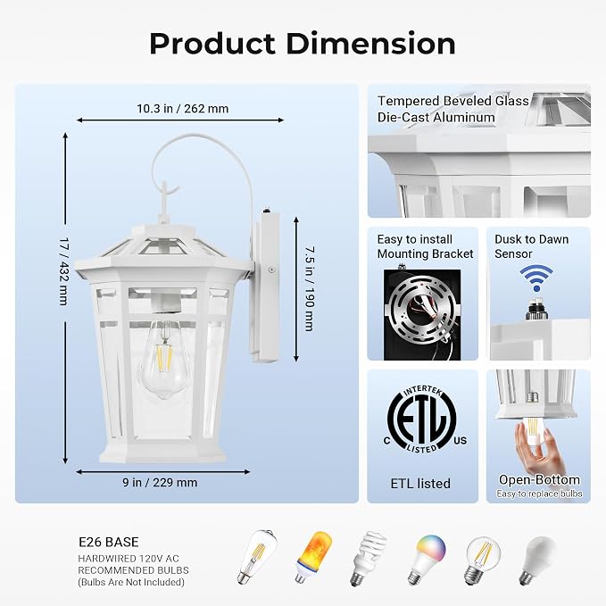 VIANIS Large Dusk to Dawn Outdoor Wall Lights, White Exterior Wall Light, 100%Aluminum Waterproof Front Door Light Fixture Outdoor, Modern Outside Garage Lights Fixtures with Tempered Glass for House