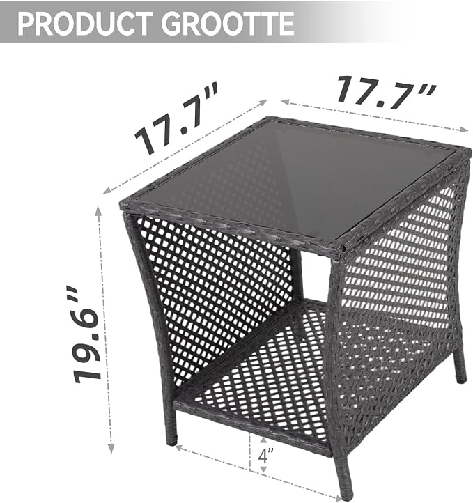 Outdoor Side Table - Patio Rattan End Table with Square Glass Tabletop, Wicker Outdoor Side Table with Extra Storage Shelf for Garden, Backyard, Porch, Silver Gray