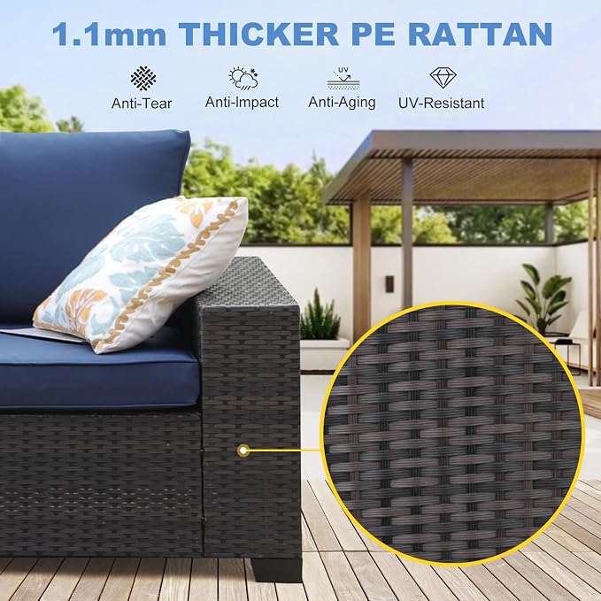 7 Pieces Outdoor Patio Furniture Set, Wicker Conversation Sets with Tea Table, Rattan Patio Sofa with Thick Cushions for Garden, Backyard Porch, Poolside,Navy