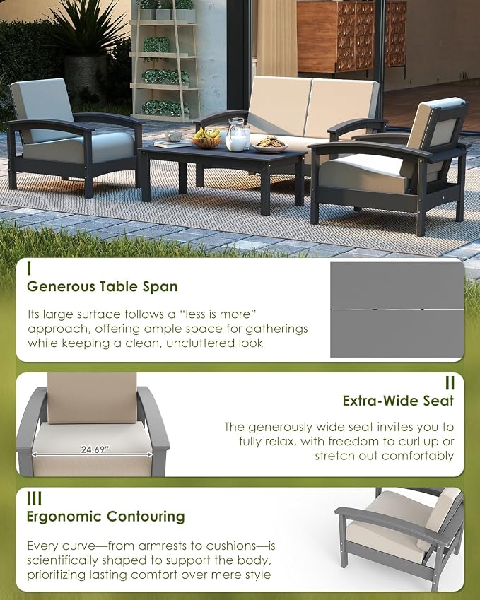 GREENVINES Deluxe 4-Piece Patio Furniture Set | HDPE Plastic | Outdoor Sectional Conversation Sets | All-Weather Couch | Sofa with Coffee Table | Black Frame w/Beige Cushion | for Porch Lawn | Gray