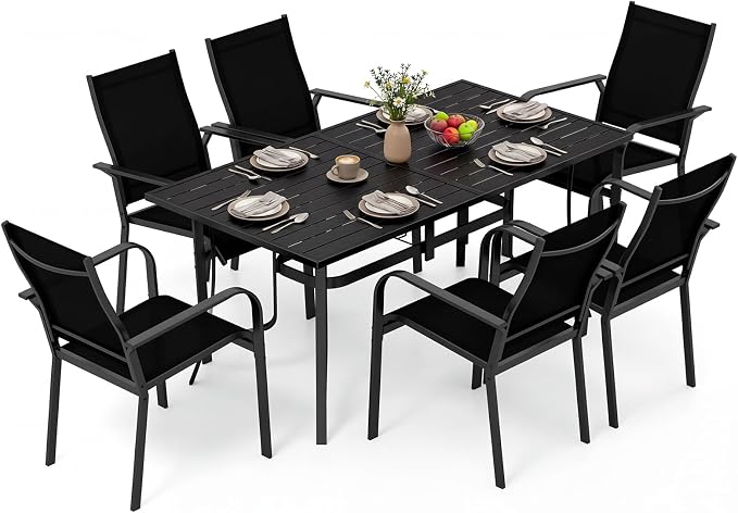 Tangkula 7 Pieces Patio Dining Set for 6, 63” x 33” Outdoor Rectangle Metal Table with Umbrella Hole & 6 Stackable Breathable Mesh Armchairs, Outside Furniture Set for Backyard, Garden & Porch (Black)